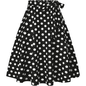 Milumia Women's Polka Dots High Waist A Line Flared Midi Skirt Casual Belted Skirts Black Large