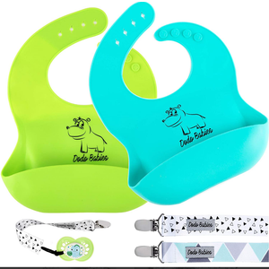 Dodo Babies Silicone Bib Set - Practical BPA-Free Feeding Solution with Adjustable Straps, Wide Food Pocket, and Bonus Pacifier Clips