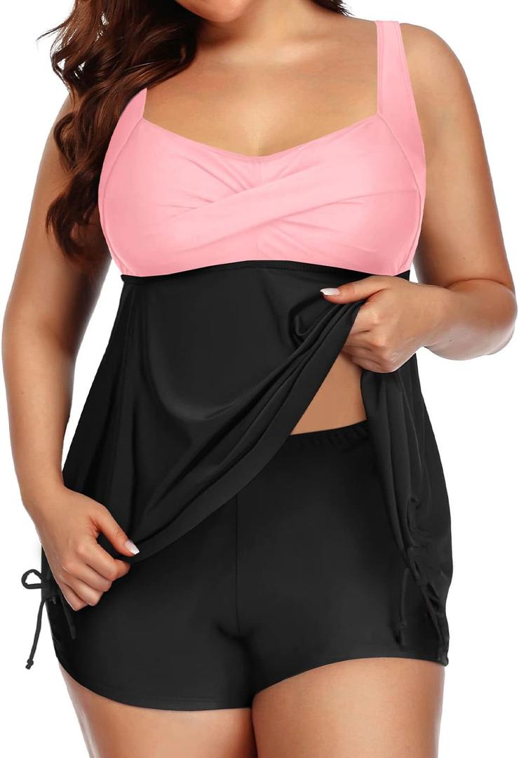 Aqua Eve Women Plus Size Tankini Swimsuit Two Piece Flowy Swimdress Bathing Suits with Shorts (Pink and Black), Size: 18W