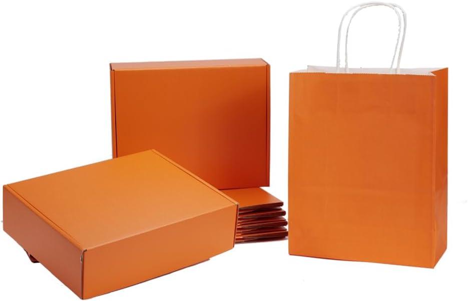 10x8x3 Cardboard Boxes, Gift Box Pack, Orange Shipping Boxes with Gift Bags Kit 10 Pack for Gift Packaging, Valentine's Day, Christmas, Small Business.