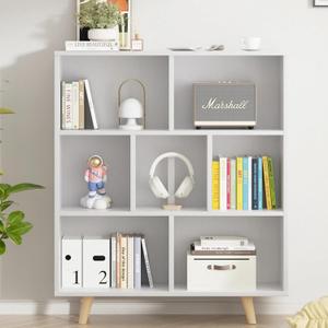 Vongrasig 7 Cube Bookshelf, 3 Tier Mid-Century Modern Bookcase with Legs, Wooden Bookshelf Storage Organizer Display Bookcase for Bedroom, Living Room, Office, White