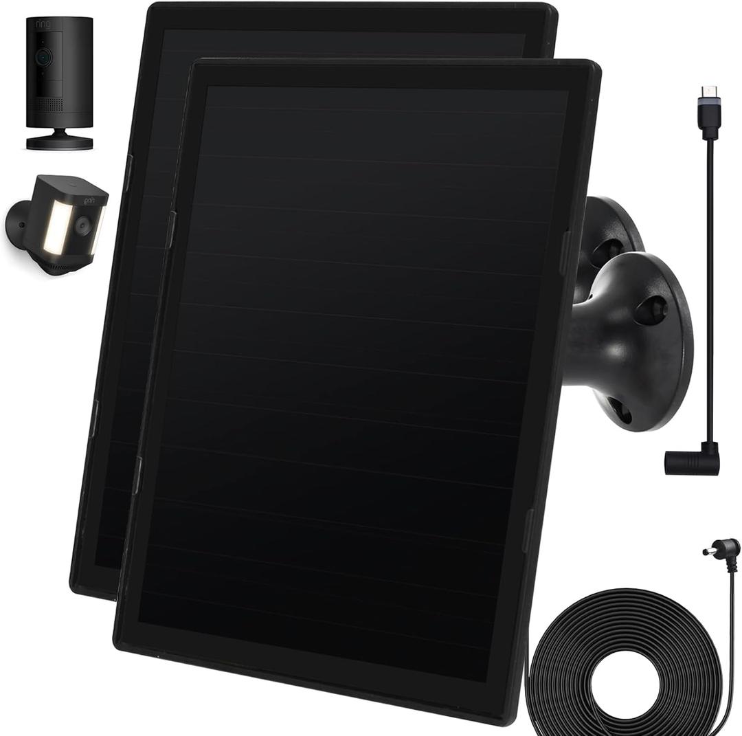 Solar Panel Charger for Ring Camera, Compatible with Ri ng Stick Up Cam, Stick Up Cam Pro, Ring Spotlight Cam Plus/Pro, 6W5V 13ft Charging Cable (Black-2Pack)