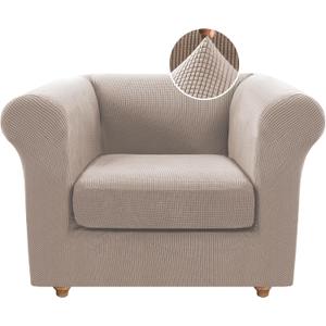 H.VERSAILTEX Chair Covers 2 Pieces Chesterfield Stretch Chair Slipcovers with Arms Mid Century Deep Seat Couch Cover Fit Width Up to 47 Inch, Thicker Jacquard Fabric (Small Sofa, Sand)