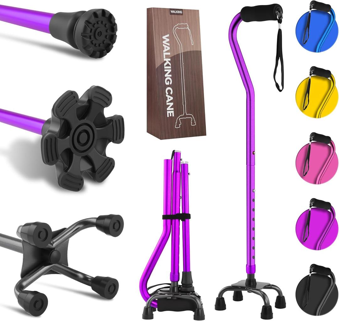 LIXIANG Walking Canes Stablize Women Quad Canes for Seniors & Adults Foldable Adjustable for Men & Women Heavy Duty Freestanding Cane for People with Leg Injuries 3 footings (Purple01)