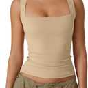 QINSEN Women's Square Neck Sleeveless Double-Layer Tank Tops Basic Tight T Shirts S Tan