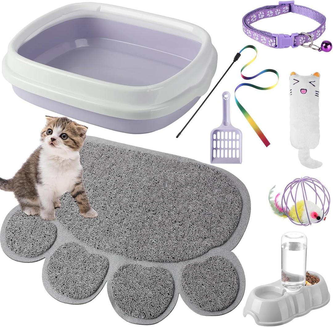 7 Pcs Small Cat Kitten Starter Kit Cat Litter Box with Shovel Paw Litter Mat Double Automatic Kitten Bowls Toy Teaser Stick Collar Essentials Kits for 1-3 Lbs Beginner(Stylish,Purple) 7 Pcs Small Cat Kitten Starter Kit Cat Litter Box with Shovel Paw Litter Mat Double Automatic Kitten Bowls Toy Teaser Stick Collar Essentials Kits for 1-3 Lbs Beginner(Stylish,Purple)