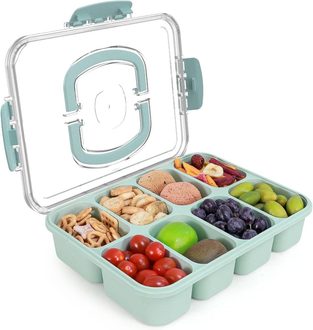 Snackle Box Container, Large 8-Compartment Divided Serving Tray with Lid and Handle, Portable Snack Tray for Travel Party Beach Picnic, Dishwasher Safe, BPA-Free, Wheat Straw