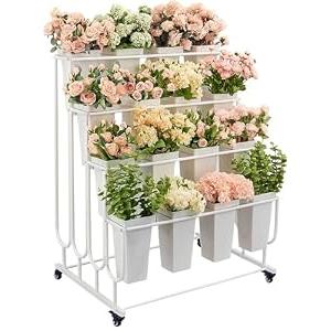 Flower Display Stand Frame, 4 -Tier Flower Cart with Wheels, Metal Floral Display Rack, Moving Florist Bouquet Shelf for Shop, Flower Bar, Events (White - 4 Tier)