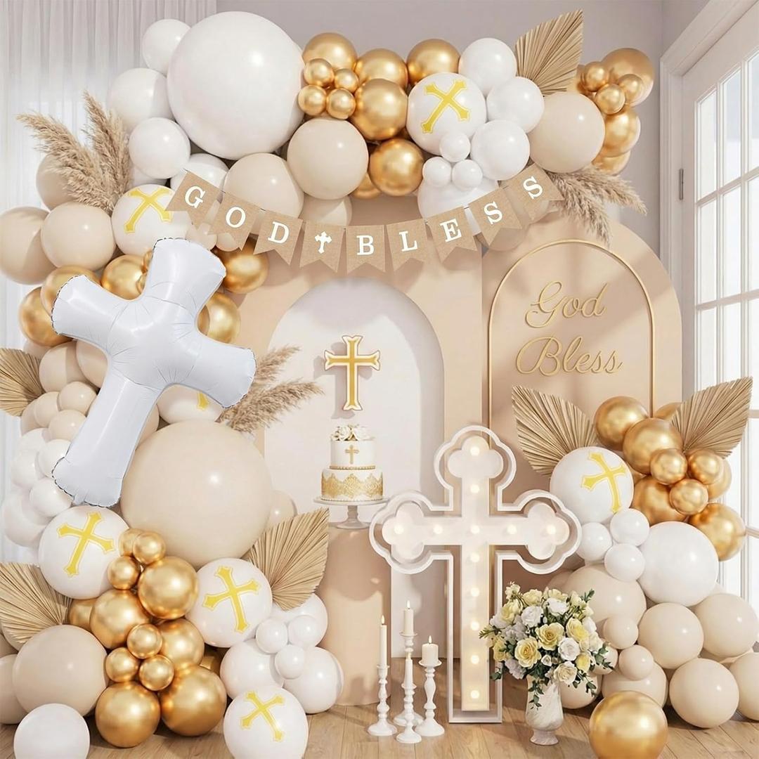 Baptism Decorations First Communion Balloons Kit, 158 Pcs White Sand White and Gold Balloons with Cross Balloon for First Holy Communion God Bless Christening Birthday Party Supplies