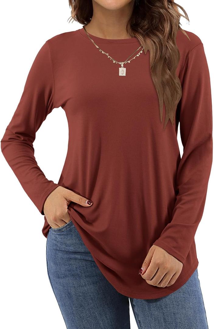 Amoretu Women's Long Sleeve Tunic Tops Casual Crew Neck Loose Shirts for Leggings (Orange, L)