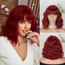MISSQUEEN Short Red Wigs for Women with Bangs Wine Red Wavy Curly Bob Wig