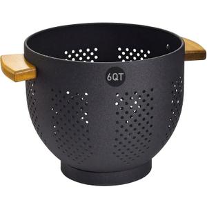 Colander for Kitchen, 6 QT Metal Colander with Wood Handle, Essentials Kitchen Gadgets Strainers and Colanders Food Strainer Basket for Draining Pasta Strainer, Vegetable & Fruit, Black