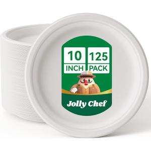 JOLLY CHEF Compostable Heavy Duty Plates [ ] Eco-Friendly Disposable White Paper Plates Made of Bagasse Biodegradable for Party Dinner Sugarcane Fibers Thanksgiving Day