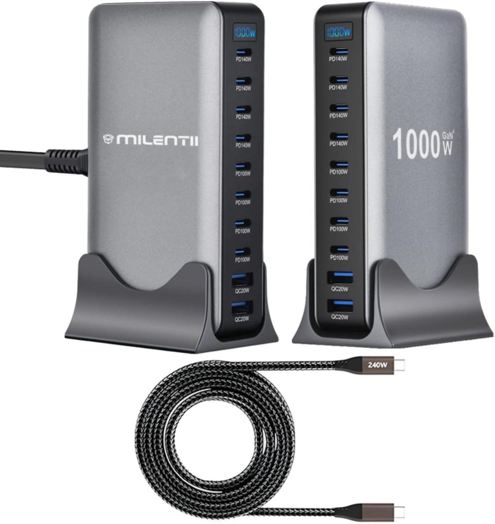 2026 Upgraded 1000W 10-Port GaN 4 Desktop Charging Station with 240W 6.6 ft Data Cable -USB Charger Block- Compatible with Tablets, Phones, Laptops, Gaming Consoles, Headphones