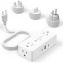 European Travel Plug Adapter, EU/UK/JP Plug Adapter, 4 AC Outlets, 3 USB Ports (2 USB C), 5ft Flat Extension Cord, Compact for Travel