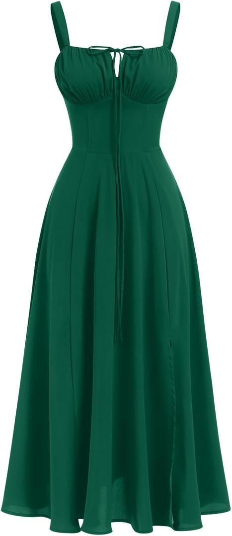 Women's Floral Corset Dress Formal Cocktail Dresses Going Out Casual Sundress Split Thigh Spaghetti Strap Vintage Dress (Medium, Green)