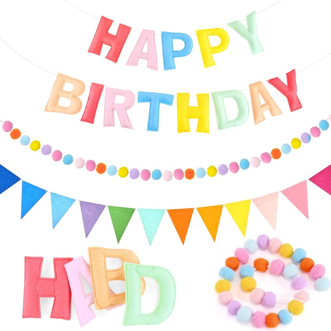 CANREVEL 3 PCS Felt Happy Birthday Banner, Pre-Strung 3D Pastel Happy Birthday Garland, Pom Pom Garland, Triangle Fabric Bunting, Reusable Rainbow Birthday Decorations for Girl Women, Macaron