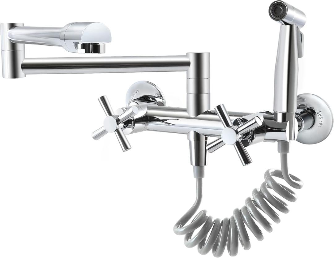Wall Mount Kitchen Faucet with Side Sprayer, Commercial Pot Filler 8 Inch Center 2 Handles Folding Wall Mounted Faucet for Kitchen Sink, Polished Chrome