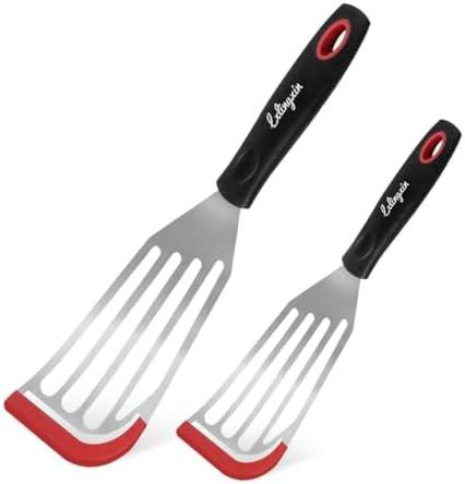 2 Pack Fish Spatula Set with Silicone Edge - Stainless Steel Fish Turner for Nonstick Cookware, Heat Resistant Flexible Kitchen Flipper for Eggs, Filets & Pancakes (Black & Red)