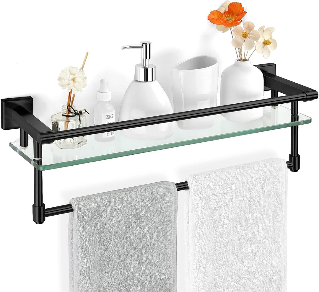 20-inch Glass Shelf with Towel bar, Matte Black-Finished Rail, Rectangular Stainless Steel Shelf, Wall-Mounted Storage Rack, 20-inch with Railing