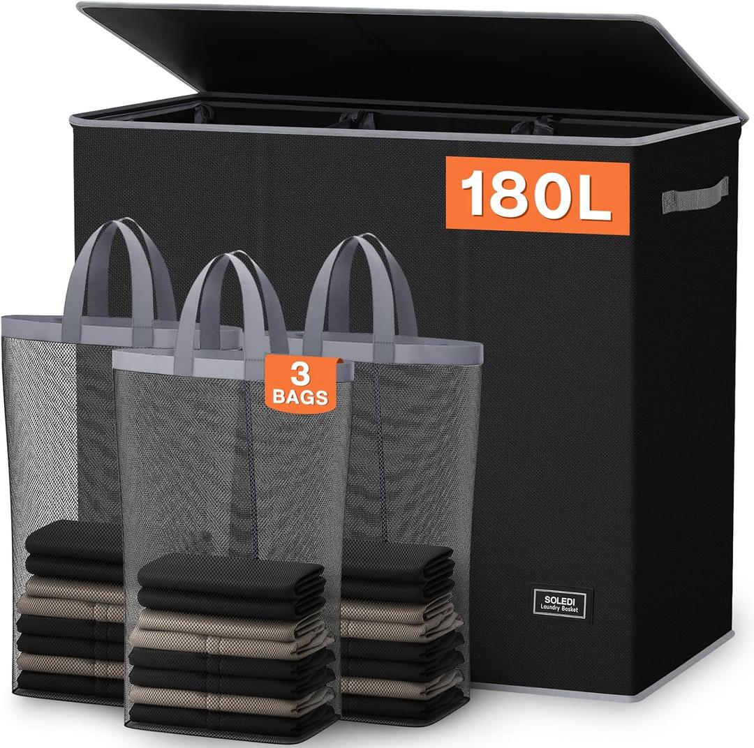 SOLEDI 180L Laundry Hamper 3 Section, Extra Large Laundry Hamper with Lid, Dirty Clothes Hamper with Sturdy Handle, Large Laundry Basket Organizer for Laundry Room, Bedroom, Hampers for Laundry (Black)