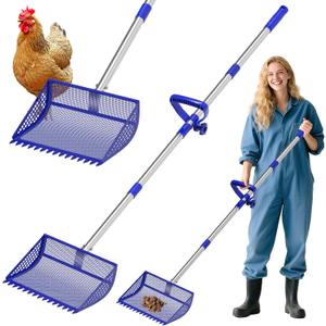 Chicken Poop Scooper & Rake 2-in-1,304 Stainless Steel Shovel Head, Chicken Litter Scoop with Handle for Chicken Coop & Pet Waste Cleaning, Litter Sifting Shovel (35 to 65") (Blue, 12inch)