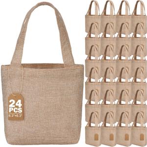 Aliceset 24 Pcs Mini Burlap Tote Bags with Handles Reusable Burlap Gift Bags with Tags Small Wedding Welcome Bridesmaids Jute Bag Bulk for Party Supplies DIY Craft (6.3 x 6.3 x 2.8 Inch,Light Brown)