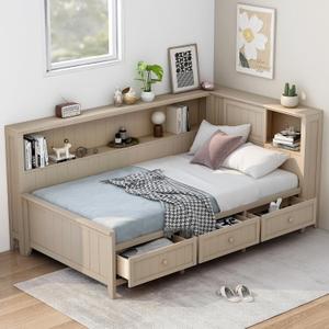 Ball & Cast Twin Size Wooden Storage DayBed, Modern Platfrom Bed-Frame with 3 Drawer & Shelves & Sliding Doors, L Shape Floor Bed w/Storages for Girls Boys Teens, No Box Spring Needed, Antique Beige