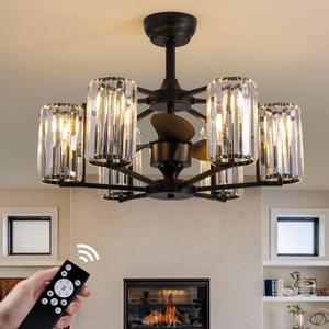 MOOONICHECHE 27" Crystal Ceiling Fan with Light and Remote Control 6-Light Black Vintage Crystal Caged Fandelier Luxury Large Chandelier Ceiling Fan for Dining Living Room Kitchen Bedroom