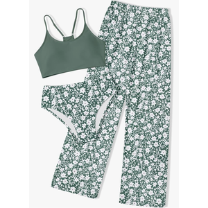 NECIOUS Girls Swimsuit, 3 Piece Bikini Bathing Suit Tropical Floral Swimwear with Cover Up Pants 9-10Y Green Floral