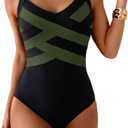 One Piece Swimsuit for Women Modest Full Coverage Bathing Suit Slimming Color Block V Neck Swimwear (XXL)