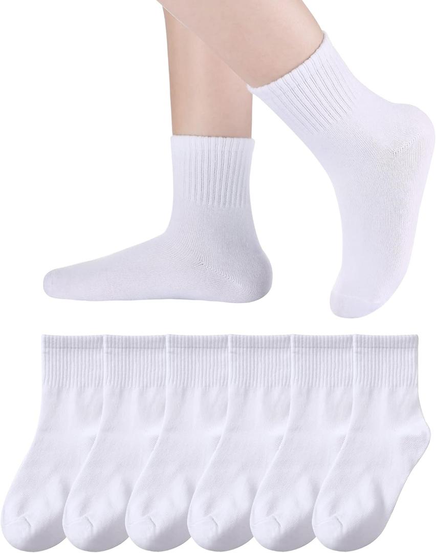 Eyean Kids Athletic Crew Socks Boys Girls Cotton School Uniform Casual Basic Socks 6 Pairs (White)