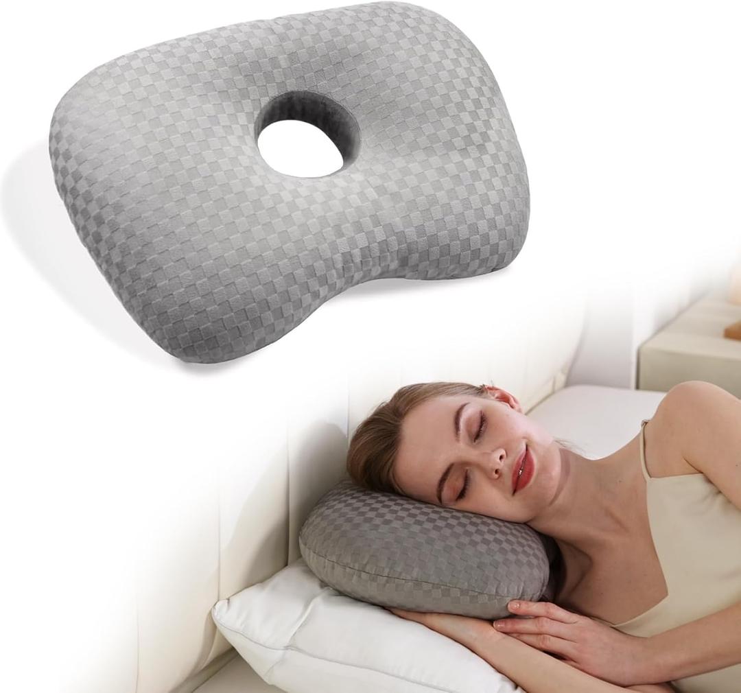 Ear Piercing Pillow with Hole for Side Sleepers for CNH and Ear Pain Inflammation Pressure Sores, Cotton and Polyester Adjustable Filling and Washable Ear Guard Pillow (Light Gray Silk)