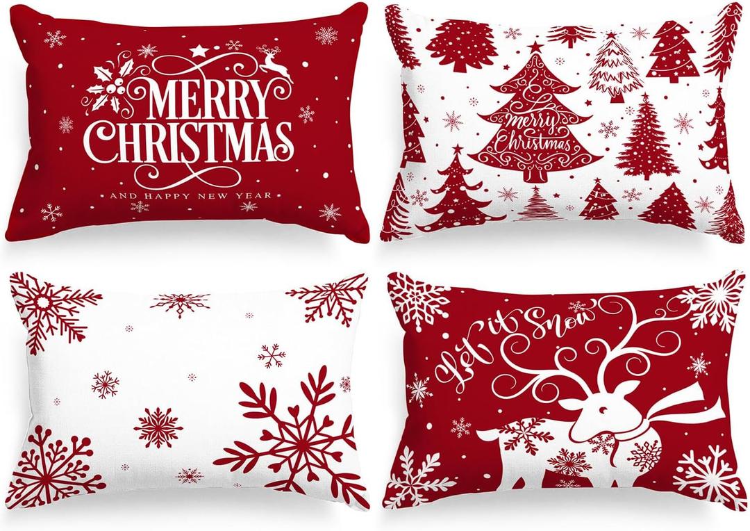 Lanpn White and Red 16x24 Christmas Lumbar Pillow Covers Set of 4, Decorative Rectangle Long 16 x 24 Winter Snowflake Throw Pillow Case Xmas Cushion Cover for Indoor House Sofa Red