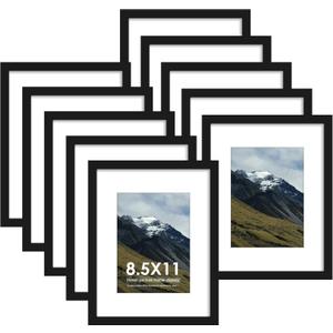 8.5x11 Picture Frame Sef of 10, Display Pictures 6x8 with Mat or 8.5 x 11 Without Mat, Photo Frame Collage for Wall Gallery Decor, Hanging or Tabletop Display, Black