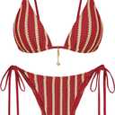 ZAFUL Crochet Bikini Sets for Women Cheeky Two Piece Bathing Suits Striped Brazilian High Cut Knit Swimsuit Tie for Vacation, X-Large, A-Red