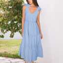 ZESICA Womens 2026 Summer Spaghetti Strap Midi Dresses Casual Tie Shoulder V Neck Flowy A Line Tiered Beach Long Dresses (Blue, S)