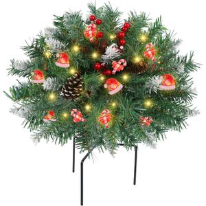 DR.DUDU 15 Inch Outdoor Christmas Decorations Urn Filler for Front Porch- Lighted Christmas Pot Fillers with Stake, Xmas Pine Trees with Timer for Outside Home Dcor