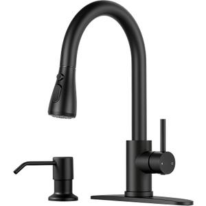 Pull Down Kitchen Faucet with Soap Dispenser - Matte Black Single Handle Kitchen Faucets, High Arc Stainless Steel Pull Out Kitchen Sink Faucet with Deck for RV Laundry Farmhouse Bar
 - B0003 Black