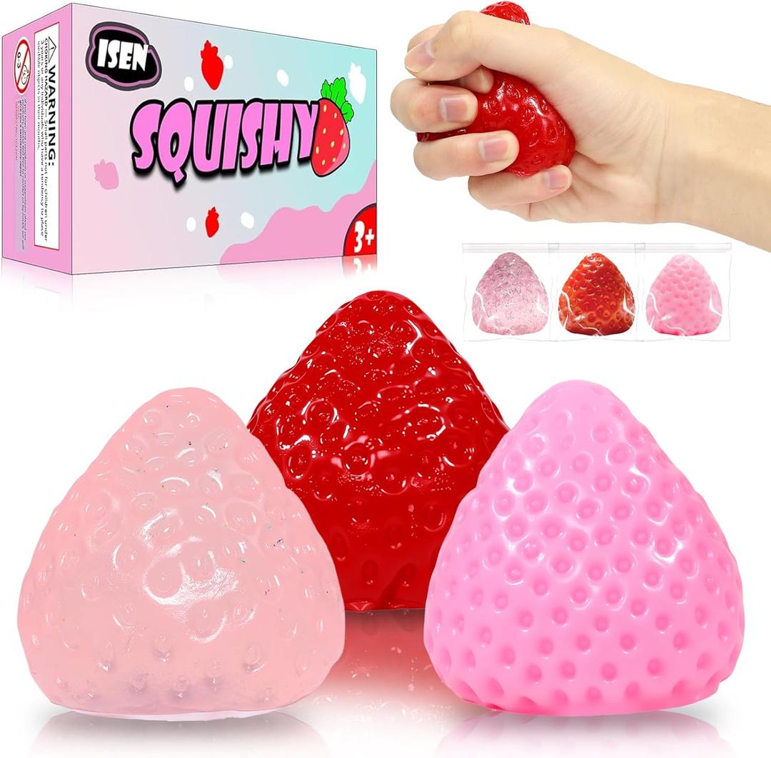 3Pcs Big Taba Strawberry Squishies, Cute Fruit Squeeze Stress Relief Toys, Upgrade Kawaii Sticky Fidget Toys, Party Favors & Birthday Gifts for Kids Ages 4-8, 8-12 Girls Boys