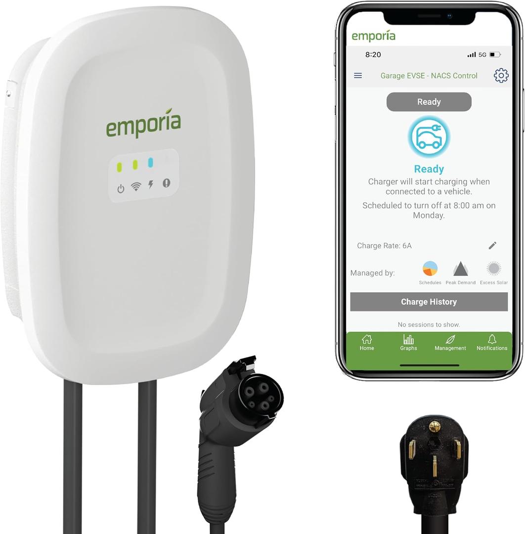 EMPORIA Level 2 EV Charger - NEMA 14-50 EVSE w/ J1772 Connector - 48 amp EV Charger Level 2, 240v WiFi Enabled Electric Vehicle Charging Station, 25ft Cable, White