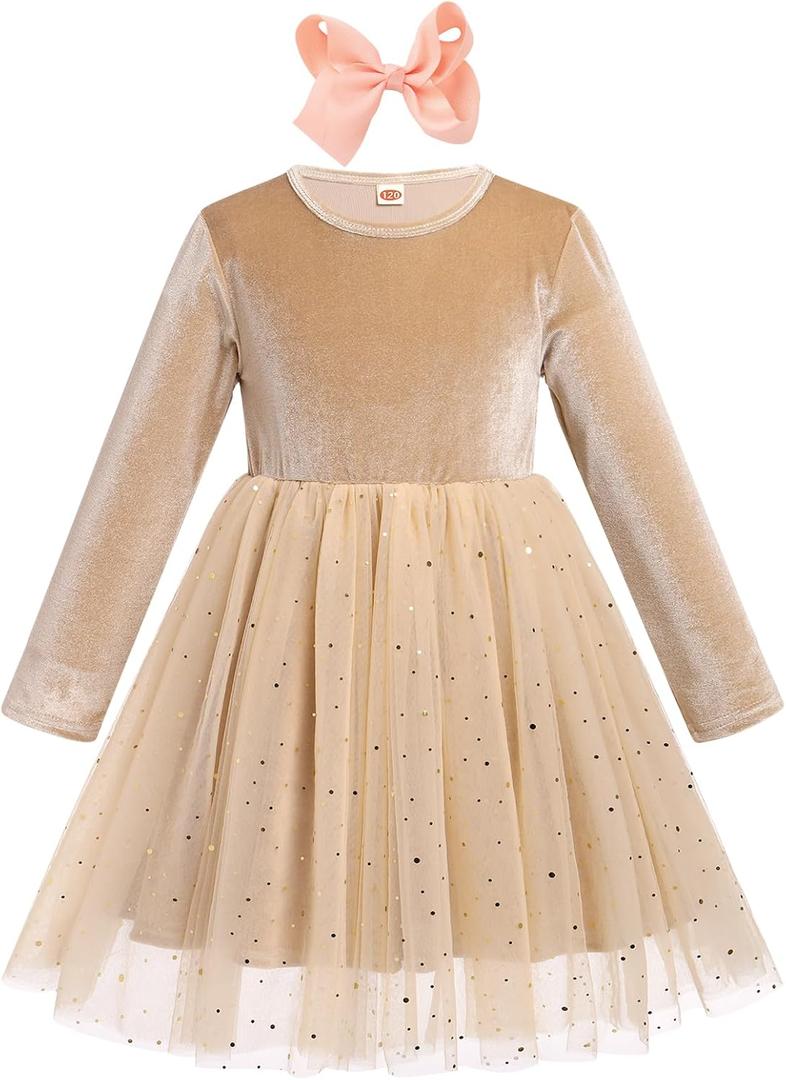 Vintage Princess Toddler Baby Girl Long Sleeve Velvet Ruffle Tutu Lace Dress Xmas Wedding Birthday Party Fall Winter Clothes (5-6 Years, Champagne)