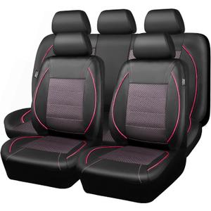 CAR PASS Piping PU Leather Car Seat Cover Full Set,Inside Zipper Design and Reserved Opening HolesAirbag Compatible,Universal FIT for Car, SUVs,Van,TrucksFull Set, Black & Pink