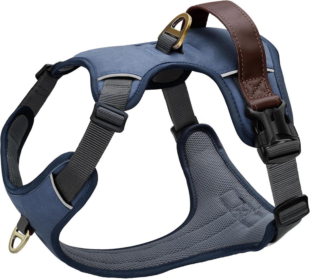 Didog No Pull Dog Harness Small Sized Dog,Classic PU Leather Vest for Small Dogs with Easy Control Handle,No Choke Front Clip,Reflective & Adjustable for Walking,Blue,Chest 19-24"