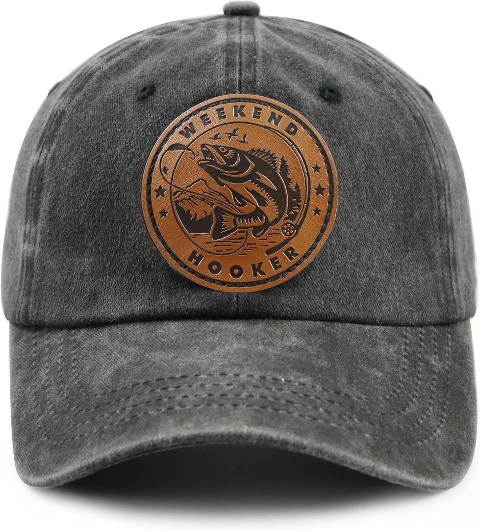 Weekend Hooker Hat for Men Women, Vintage Cotton Fish Decor Leather Patch Baseball Cap for Fishing Lovers Dad Mom