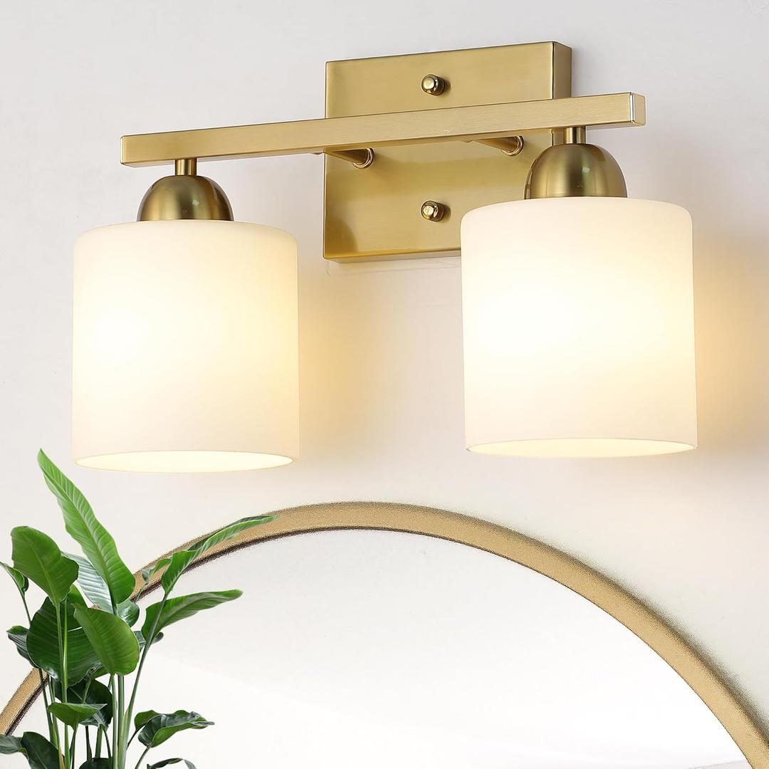 Mecgirn Stainless Steel Milk Glass Vanity Lights for Bathroom, 2 Light Gold Bathroom Light Fixtures Over Mirror, Ceramic E26 Sockets Wall Mounted