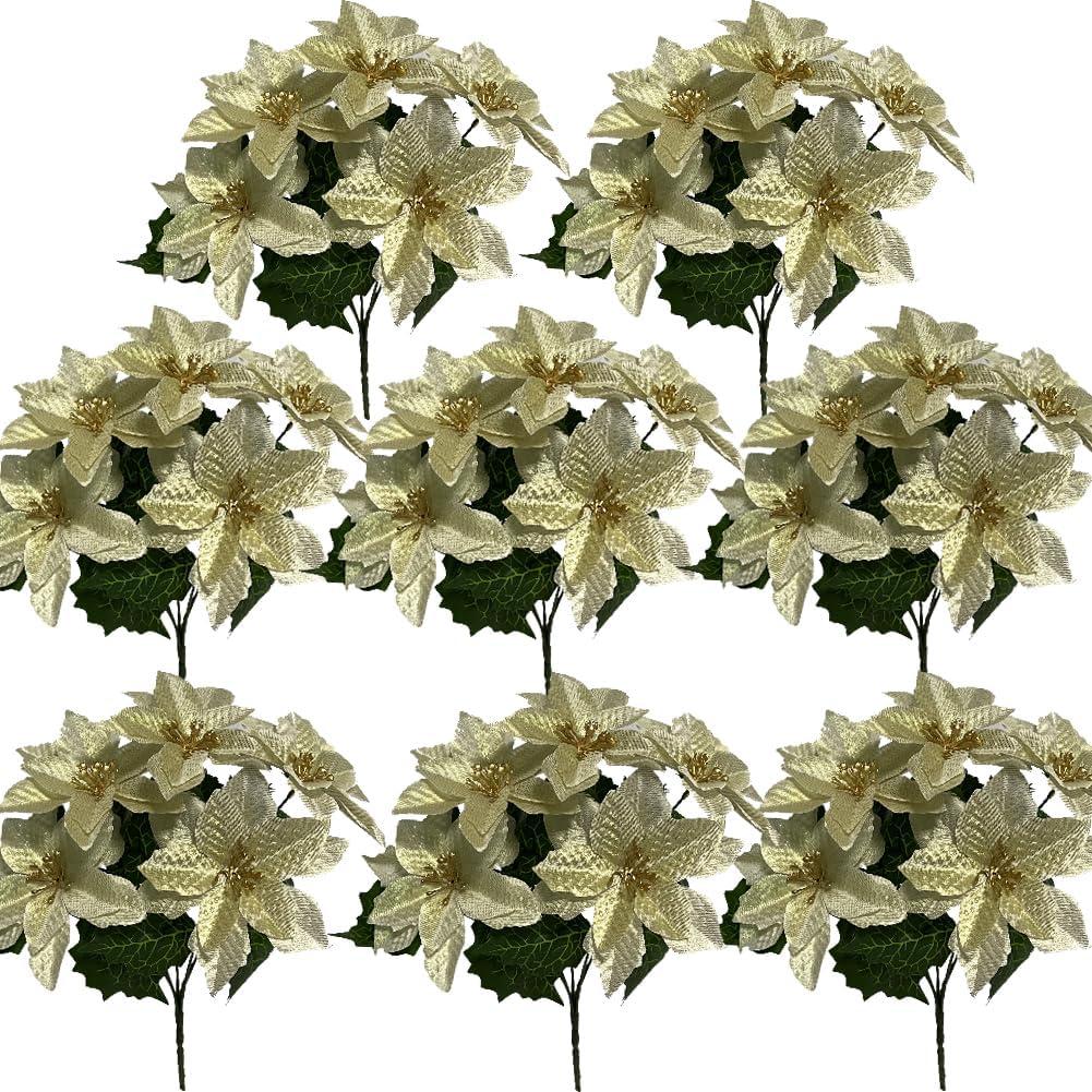 Yellow Christmas Artificial Poinsettia Flowers 8Pack Silk Yellow Poinsettias Artificial Bushes Christmas Flowers 5 Heads Floral Bouquet with Stem for Home Decor