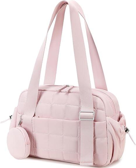 Mini Gym Bag for Women, Small Gym Tote Bag Puffy Quilted Sports Duffel Bag with Wet Compartment and Coin Purse Duffel Bags Dance Yoga Workout Bag for Gifts, Pink