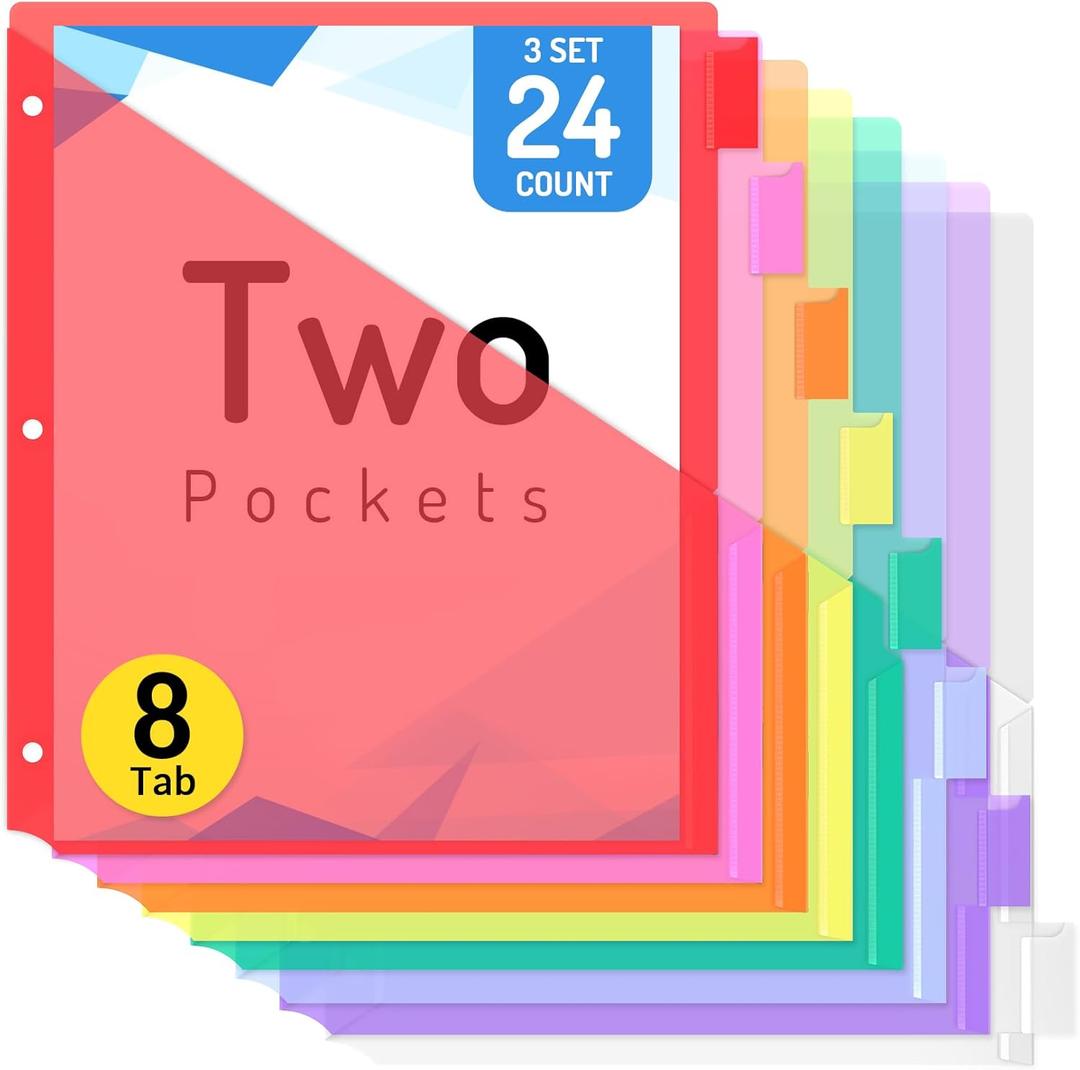Forvencer 24 Count Dividers with Two Pockets, 8 tab Binder Dividers for 3 Ring Binder Organizer, Multicolor, 3 Sets (Red)