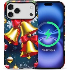 for iPhone 17 Pro Max Case,Campatible with Magsafe,Featuring A Mixed Double-Layer Protective Matte Shell Design with Glossy Patterns,Christmas Shining Golden Bell.